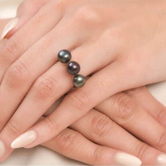 Peacock Pearl 3 Stone Ring 14kYG over 925 silver 9 - Picture 4 of 15